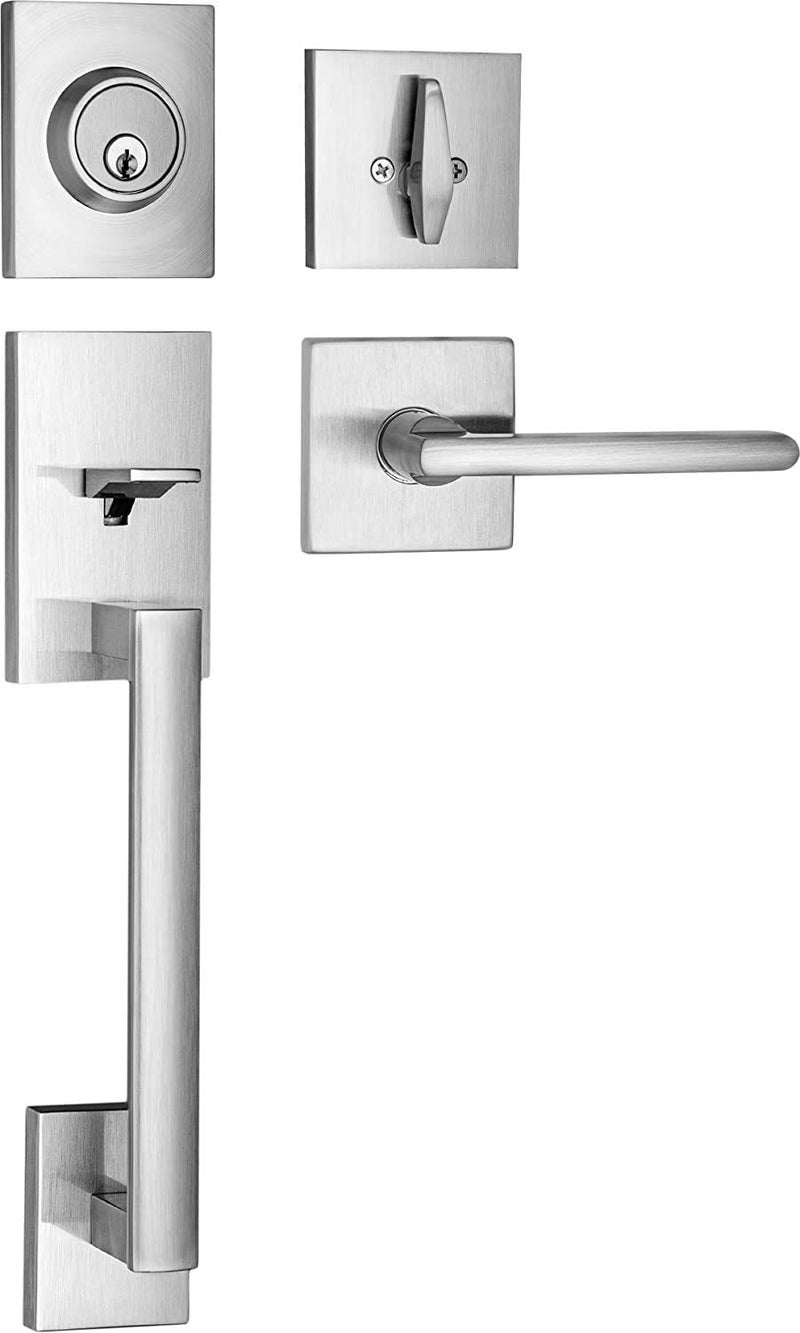 Berlin Modisch HandleSet Front Door Entry Handle and Deadbolt Lock Set Slim Square Single Cylinder Deadbolt and Lever Reversible for Right & Left Sided Doors Heavy Duty â€“ Satin Nickel Finish - Image 1